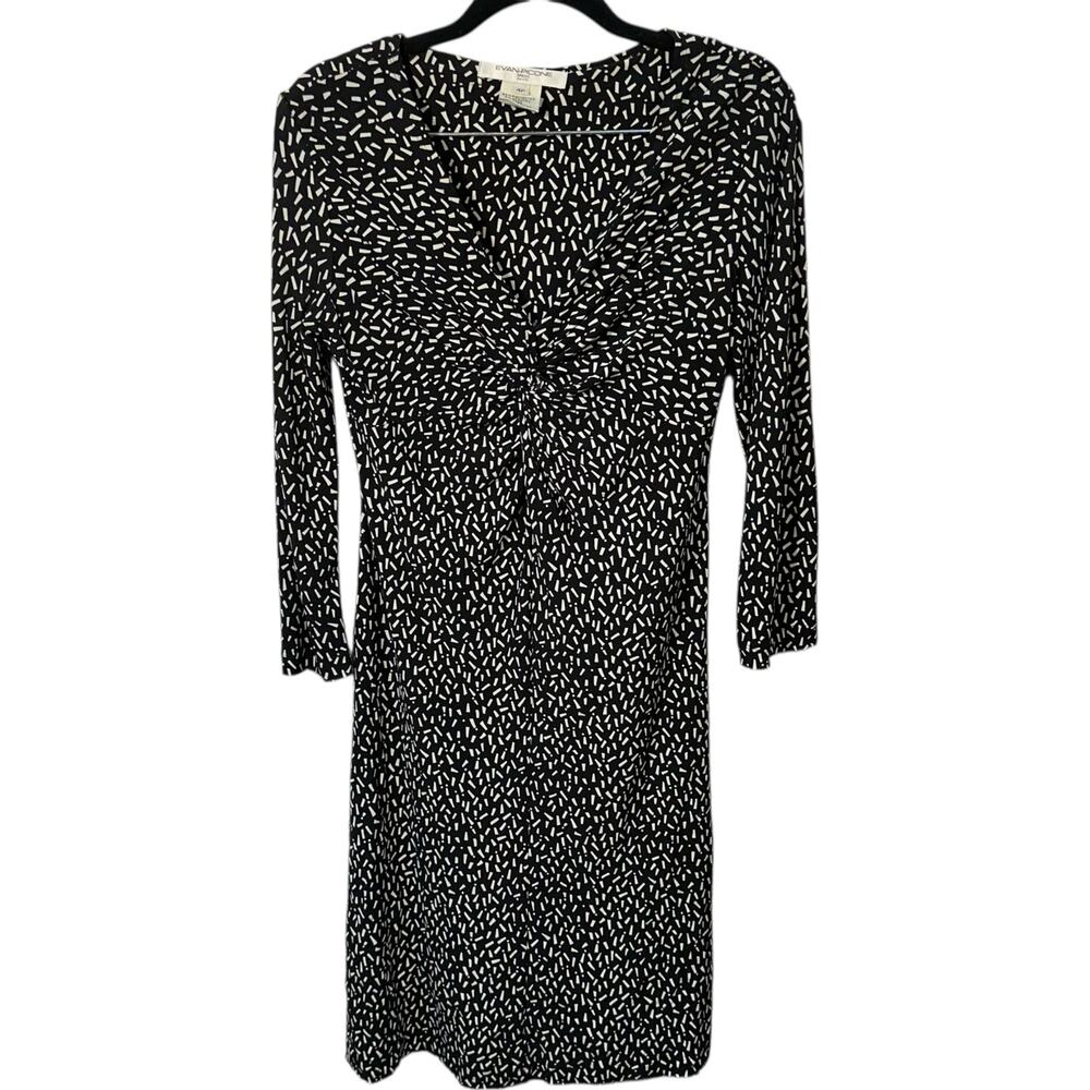 Evan Picone‎ Black White Print Midi Dress Womens SZ 4P Pleated Stretch Career
